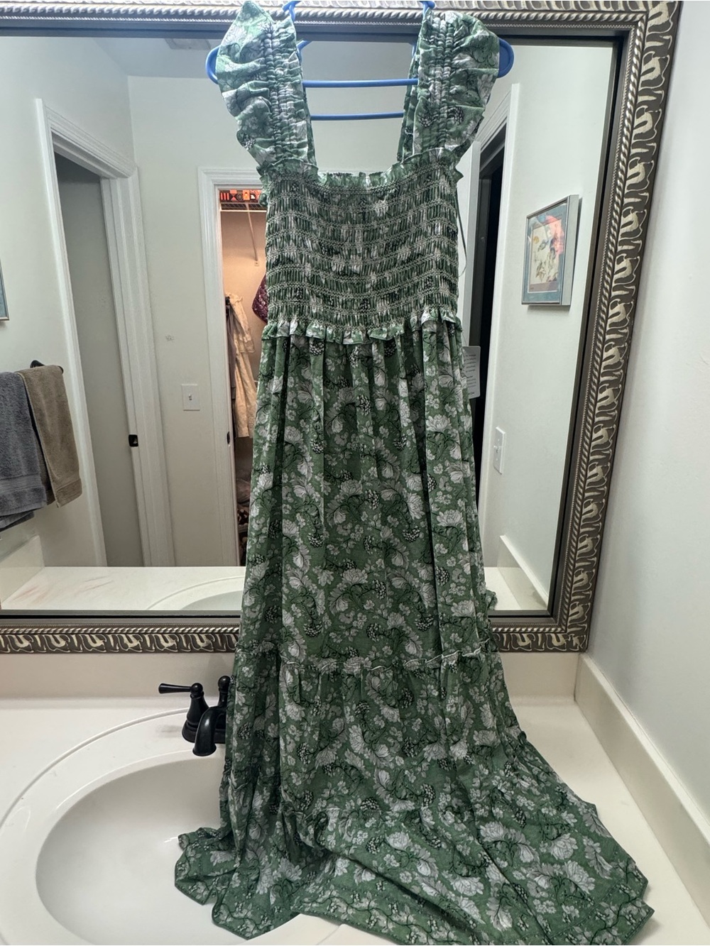 Max Studio Green Floral Smocked Dress with Ruffle Straps. Small